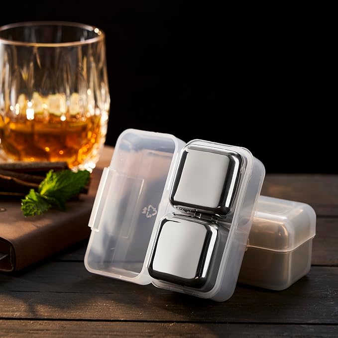4 Large Whiskey Stones 64 cm³ (4 cu in) - Man Gift Set - Reusable Stainless Steel Metal Ice Sphere Cubes Beverage Chilling Rocks Whiskey Stones for Red Wine, Bar Beer, Scotch, Vodka Drinks - Silver