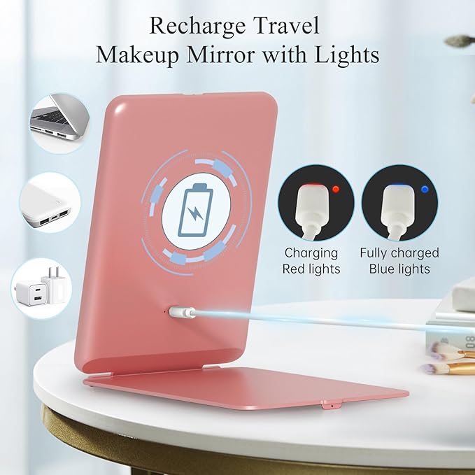 FUNTOUCH Rechargeable Travel Makeup Mirror with 72 Led Lights, Portable Lighted Beauty Mirror, 3 Color Lighting, Dimmable Touch Screen, Tabletop LED Folding Cosmetic Vanity Mirror