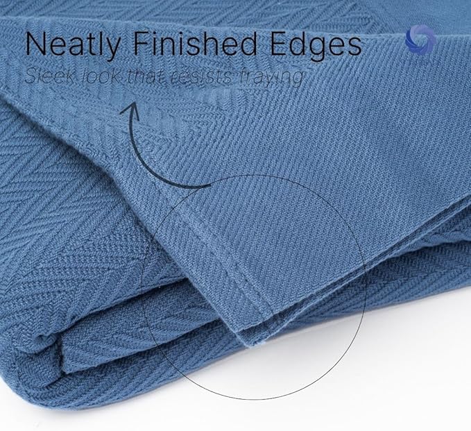 Multipurpose Blanket, Twin Size 100% Extra Long Staple Cotton, Herringbone Weave, Blue, Soft & Breathable, Ideal for All Seasons