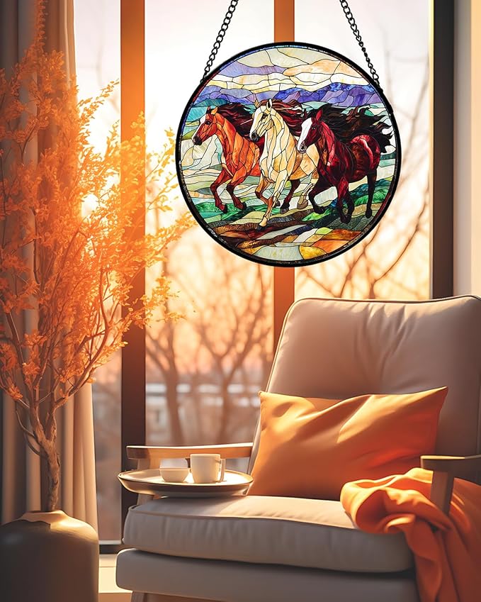 Stained Glass Window Hanging, Galloping Horses Sun Catcher for Door Home Decor Colorful Suncatcher Christmas Mother's Day Birthday Gifts for Women Men Mom and Nana 6.3 in