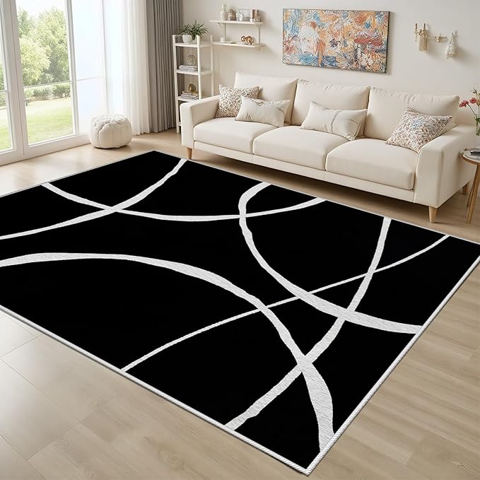 Black and White Rugs, Abstract Rug, Modern Minimalist Rug, Curved Line Design Carpet, Black and White Abstract Rugs Washable Non Slip for Living Room Home Decor 5x6
