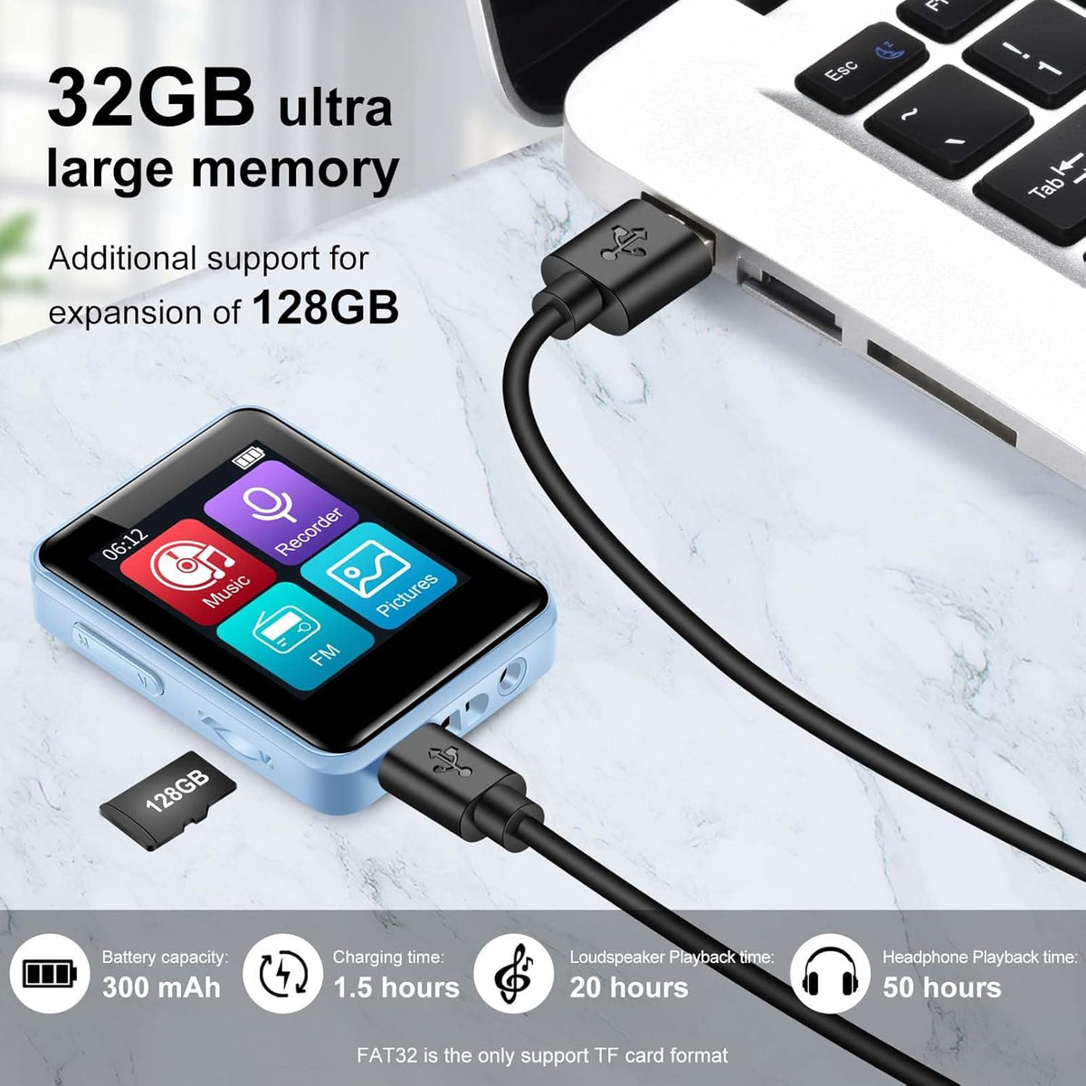 woolynew 32GB MP3 1.8 inch 512GB, Player with Bluetooth, Screen, with FM Radio, Recorder, Portable Sport HiFi Music