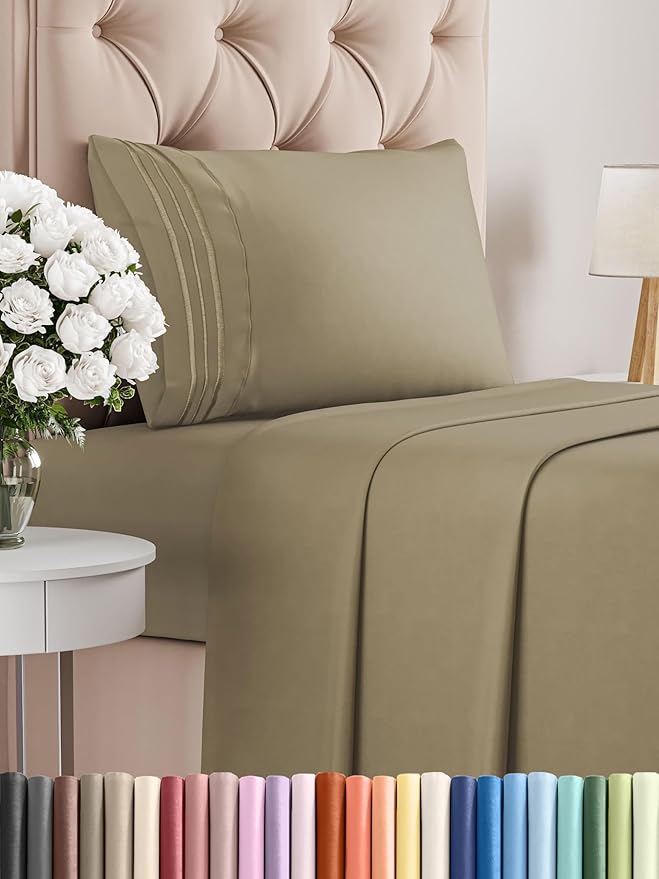 Twin Size 3 Piece Sheet Set - Comfy Breathable & Cooling Bed Sheets Set - Hotel Luxury Bedding for Women, Men, Kids, Teens, Boys & Girls - Deep Pockets, Ultra-Soft and Wrinkle Free - Oeko-Tex - Khaki