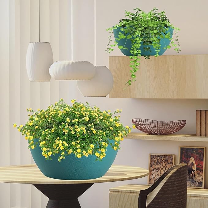13 inch Large Hanging Planters Plant Pots for Outdoor Indoor Plants with Drainage Holes and Chain, 2 Pack Round Hanging Flower Pots for Garden Home Porch Decor, Blue Green