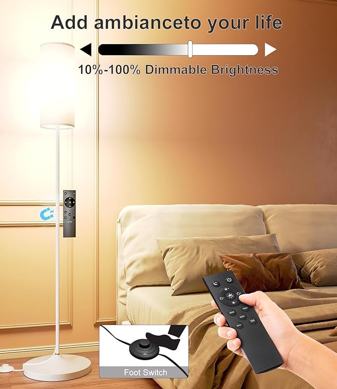 luckystyle LED Floor Lamp for Living Room, Dimmable Standing Lamps with Foot Switch,Remote Custom Color Temperature White Pole Lamp with Lampshade,12W Led Bulb Tall Lamps for Bedroom Office Kid Room