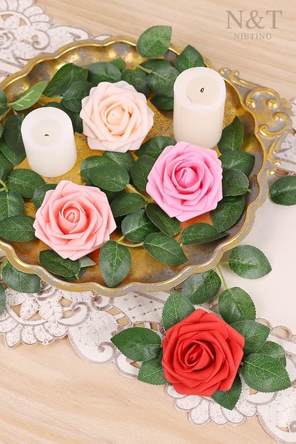 N&T NIETING Artificial Flowers 50pcs Real Touch Faux Flowers Bulk with Stems for DIY Wedding Bouquets Bridal Shower Centerpieces Floral Arrangements Party Valentine's Day Home Decorations(Series Red)