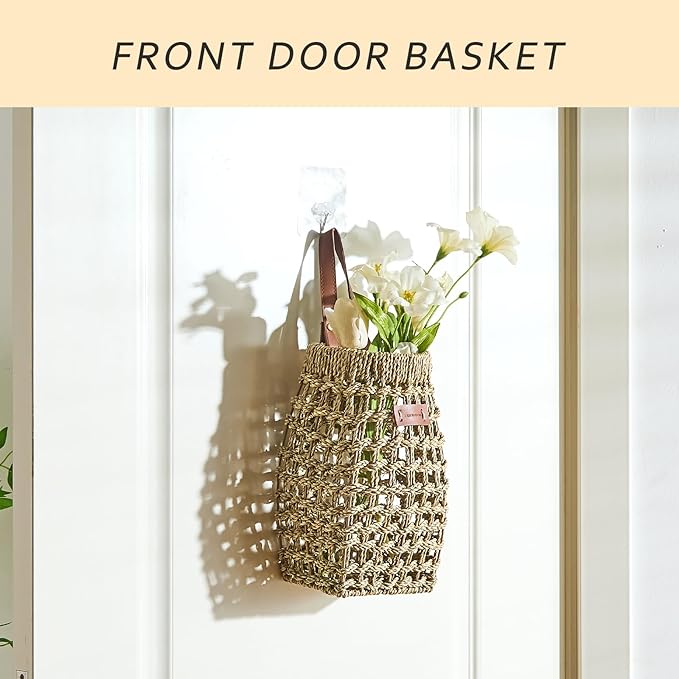 Woven Front Door Basket Water Hyacinth Wall Hanging Basket Decorative Boho Mounted Organizer for Dried Flower Plants Storage Basket for Garden, Home, and Farmhouse Décor (C_Seagrass)