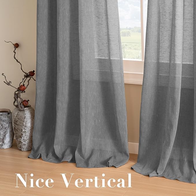 H.VERSAILTEX Linen Curtains Flax Linen Blended Curtain Panels for Living Room/Bedroom Semi Sheer Privacy Curtains 72 inch Length 2 Panels Set Nickel Grommet Window Drapes - Charcoal Grey