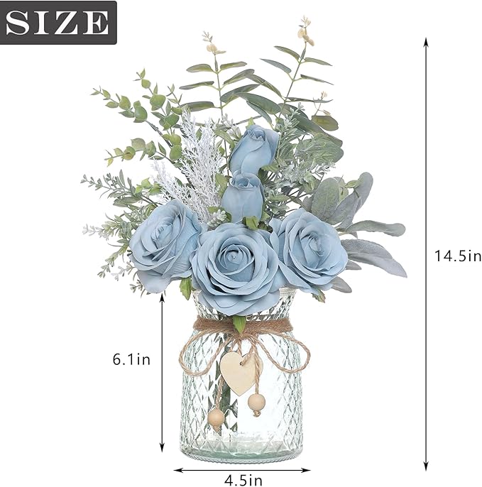 Faux Flowers with Vase,Artificial Silk Roses in Vase, Fake Plant Eucalyptus Flower Arrangement for Home Office Farmhouse Bathroom Dining Table Centerpiece Decorations Coffee Table Decor (Dusty Blue)
