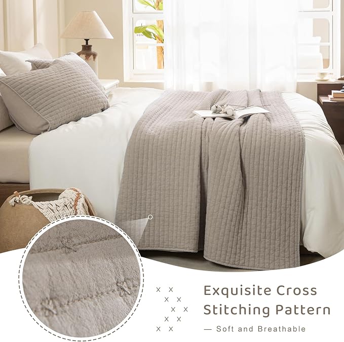 Sanracie Stonewashed Cotton Coverlet Oversized King(118"x106"), Linen Colored Ultra Soft Crinkle California King Quilt Bedding Set Lightweight Cross Stitch Bedspread Set 3Pcs for All Season