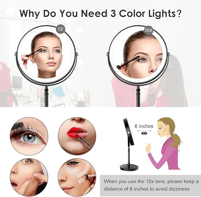 Lighted Makeup Mirror, 3000 mAh Rechargeable Double Sided Magnifying Vanity Mirror with 3 Colors, 1x/10x, 360° Rotation , Brightness Adjustable Magnification Cosmetic Light up Mirror, Women Gift