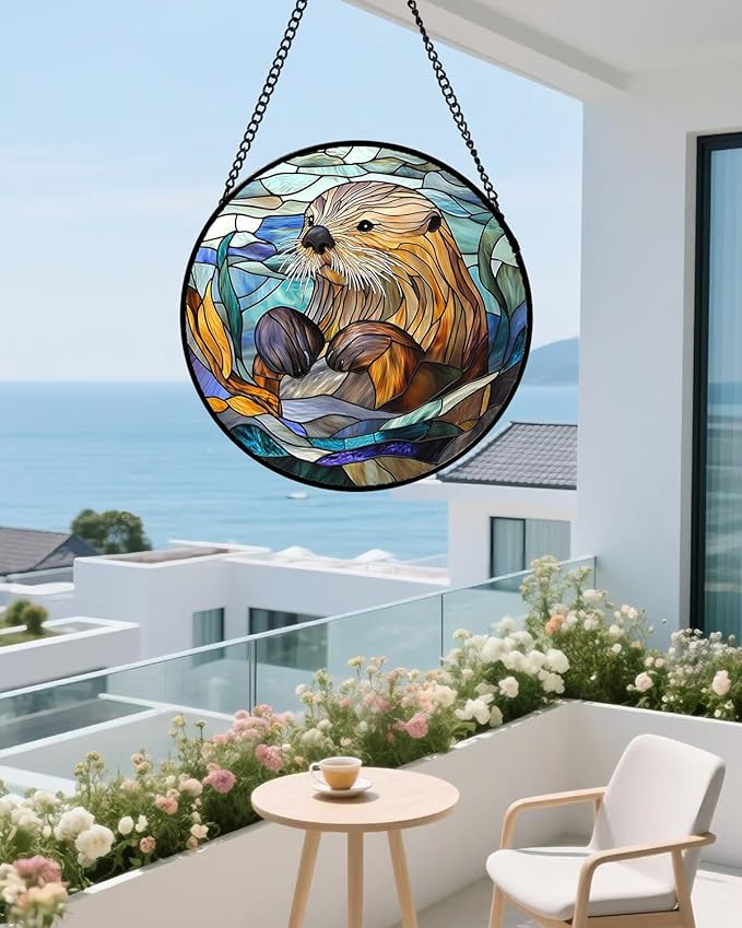 Stained Glass Suncatcher, Blue Ocean Cute Sea Otter Sun Catcher Stain Glass Window Hanging Decoration Mother's Day Birthday Gifts for Women Men Mom Nana 11.8 in