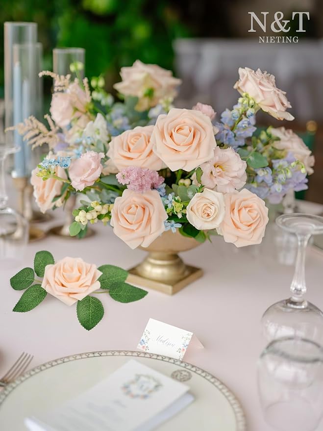 N&T NIETING Artificial Flowers, 50Pcs Fake Flowers Roses Perfect for DIY Wedding Bouquets Centerpieces Bridal Shower Party Home Flower Arrangement Decorations, Blush
