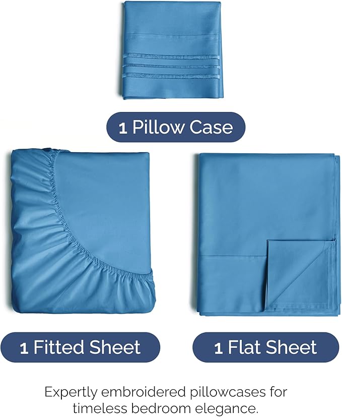 Twin Size 3 Piece Sheet Set - Comfy Breathable & Cooling Bed Sheets Set - Hotel Luxury Bedding for Women, Men, Kids, Teens, Boys & Girls - Deep Pockets, Soft and Wrinkle Free - Oeko-Tex - Denim Blue