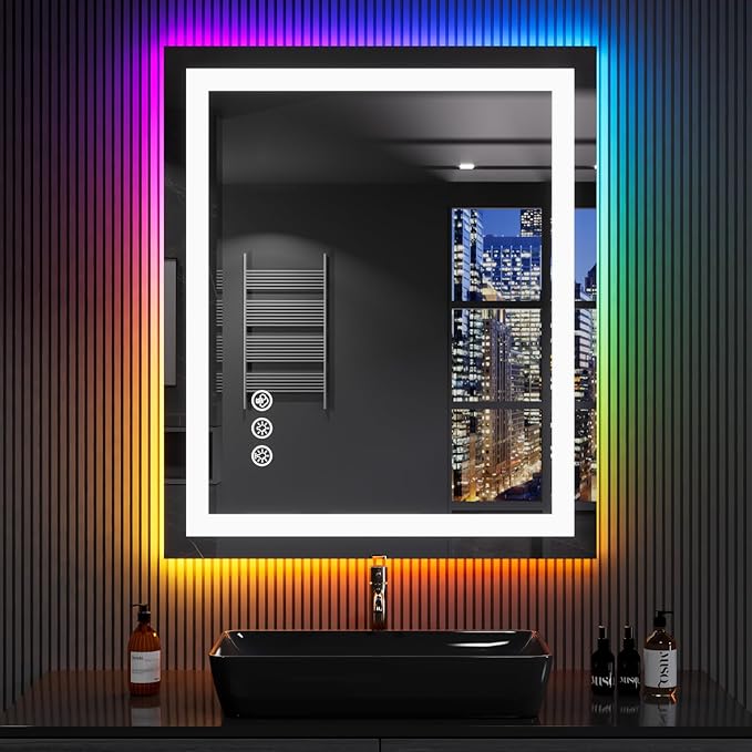 LOAAO 24"X32" LED Bathroom Mirror with Lights, Anti-Fog, Dimmable, RGB Backlit + Front Lighted, Bathroom Vanity Mirror for Wall, Memory Function, Shatter-Proof, Tempered Glass