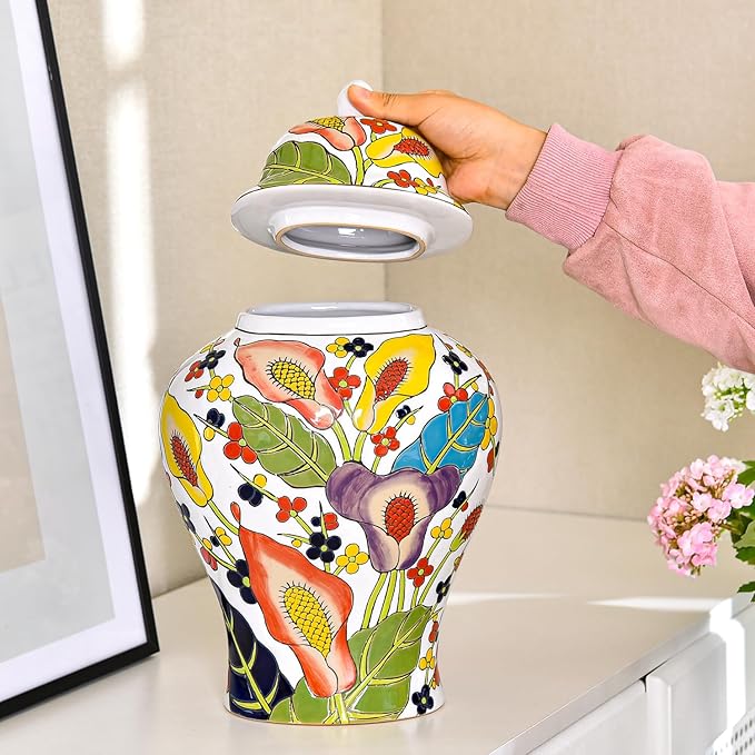 Sungmor Decorative Ceramic Ginger Jar with Lid, Floral Pattern Porcelain Temple Storage Jar, 14" Hand Painted Ceramic Flower Vase for Centerpiece, White Glazed Vase for Flower Arrangement, Home Decor