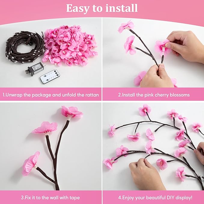 Cherry Blossom Lights with Remote, 7.5 Ft 144 Flowers Enchanted Willow Vine Lights, 18 Branches 144 LEDs Lighted Willow Vine Tree Lights for Walls Bedroom Home Room Decor, Brown Branch