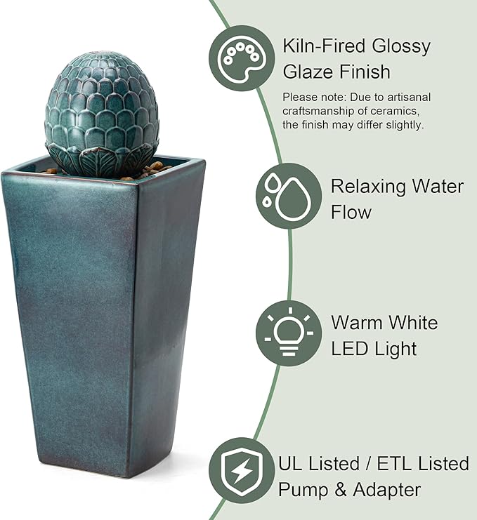 Glitzhome Ceramic Outdoor Water Fountain with LED Light, Oversized Artichoke Pedestal Water Fountains with Submersible Pump, Patio Fountain Waterfall for Garden Patio Deck Porch, Turquoise, 35.75" H