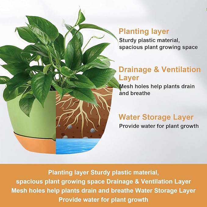 10 inch Hanging Planters for Indoor Outdoor Plants with Self-Watering Pots, 3 Pack Plastic Hanging Basket with Removable tray for Home Garden Porch Balcony Patio Decor(Green）