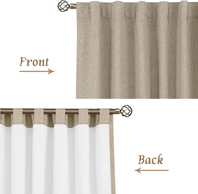 LAMIT Natural 100% Blackout Linen Curtains, 45 Inches Linen Textured Thermal Bedroom Curtains Back Tab and Rod Pocket Neutral Panels with White Liner for Farmhouse, 2 Panels, 38 x 45 Inch, Taupe