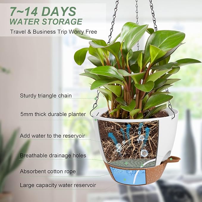 Hanging Planters for Indoor Outdoor Plants, 2 Pack Self Watering Hanging Pot with Drainage Holes & Removable Tray (White, 6'')
