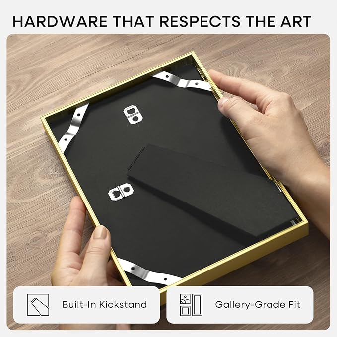 Homeforia 8.5 by 11 Picture Frame Gold, High End Metal 8.5x11 Poster Frames with Mat 6x8 Photo, 8.5 x 11 Frame Matted to 6 x 8 Print, 8.5by11 Wall or Tabletop Frame, Tempered Glass, Wall Kit, Set of 2