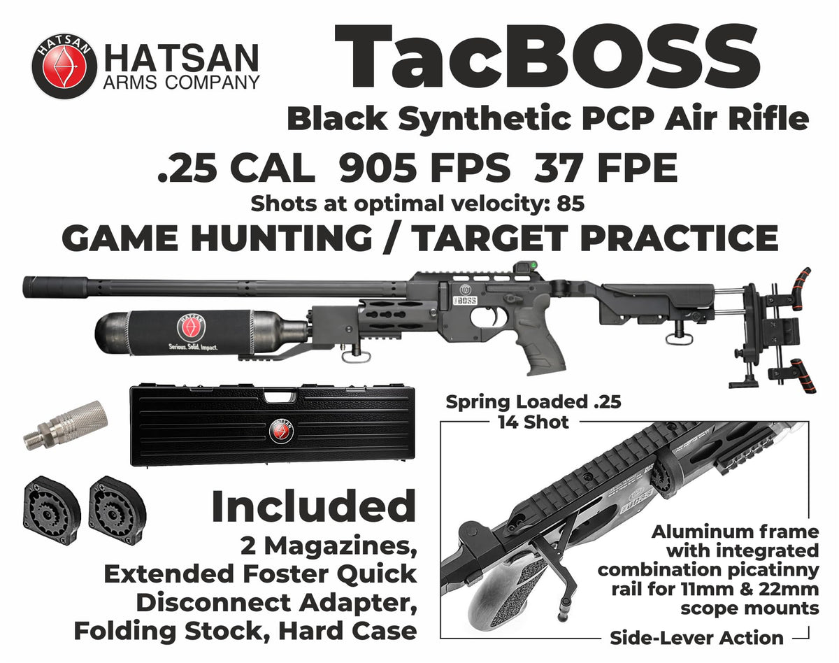Hatsan TacBoss .25 Cal 905 FPS 37 FPE 14-Shot PCP Black Air Rifle, Side-Lever Action, 580cc Air Cylinder, Dual Pressure Gauges, QE Technology w/ Wearable4U 150x .25cal Pellets & Scope w/Mounts Bundle