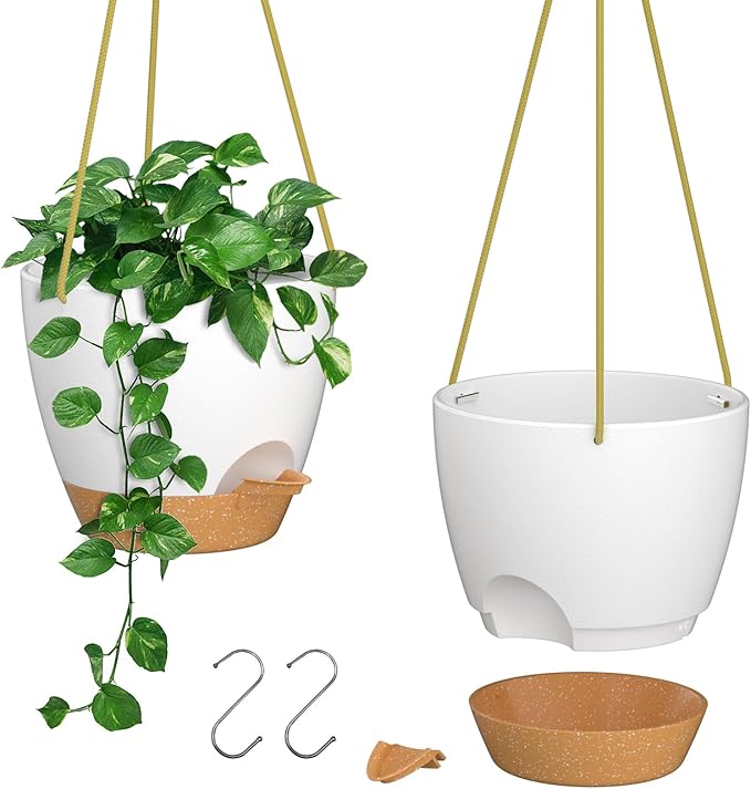 ZMTECH 6.5 Inch Hanging Planters for Indoor Outdoor Plants, 2 Pack Self Watering Hanging Plant Pots with Drainage Holes and Removable Saucer, Plastic Flower Hanging Pots with Watering Lip (White)