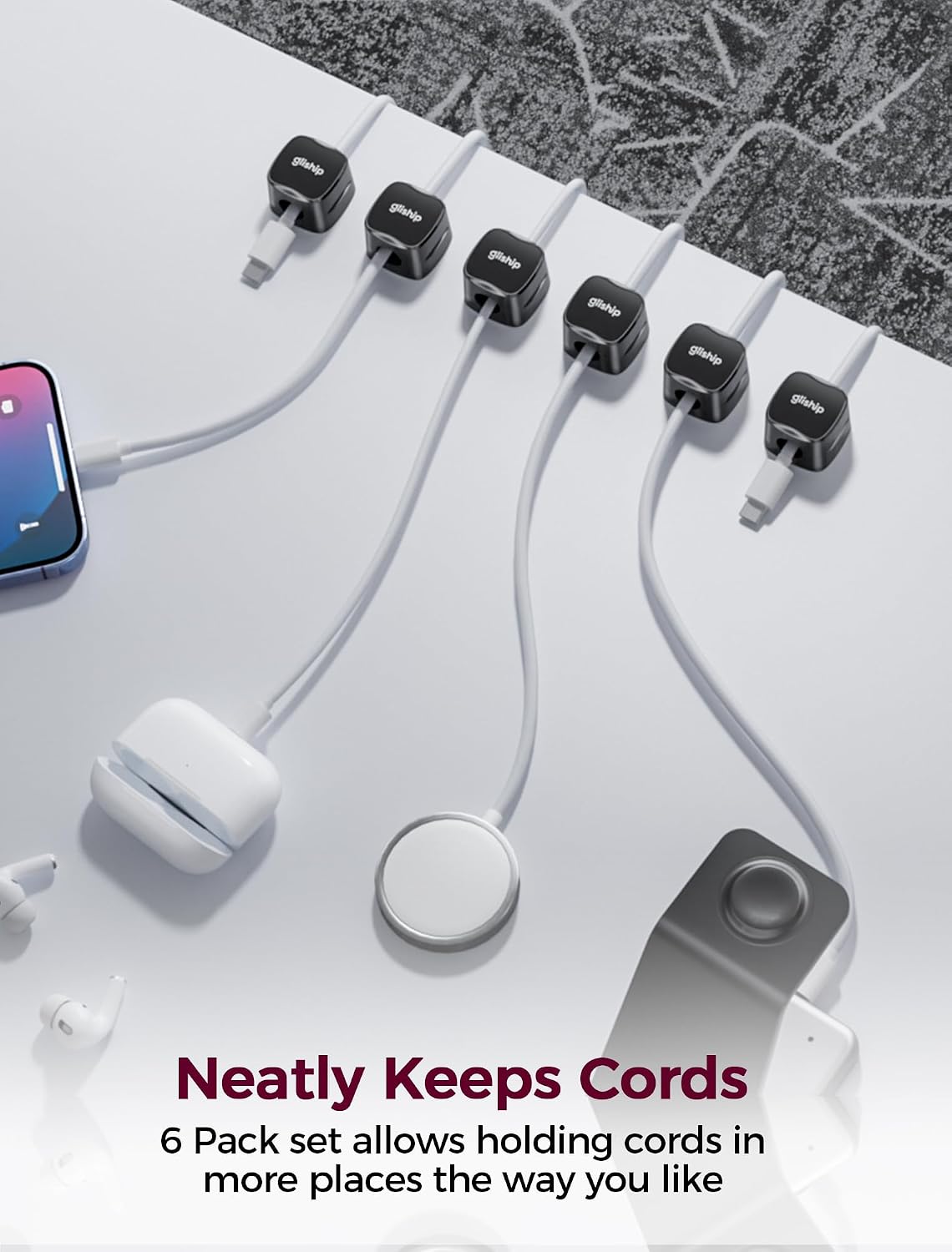 gliship [2025 6-Pack 6 Upgrade Magnetic Cable Clips - Cell Phone Cord Holder for Nightstand, Mini Cube Cord Holder