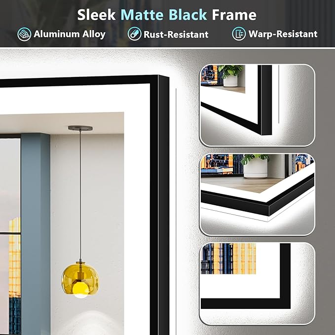 84x40 Black Framed LED Bathroom Mirror with Lights, Backlit and Front Lit, Anti-Fog Lighted Vanity Mirrors for Bathroom Wall, Dimmable, 3-Color Light, Memory, Shatter-Proof, HD Tempered Glass