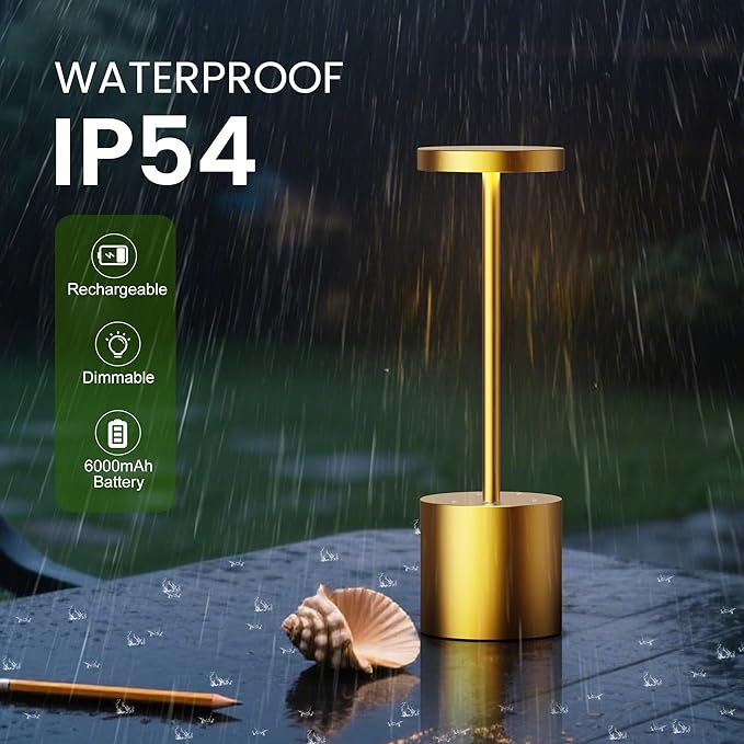 SAKRINGT 2 Pack Cordless Table Lamp Rechargeable, 5000mAh Battery Operated Portable Table Light,Dimming LED Table Lamp for Restaurant/Patio/Outdoor(Gold)