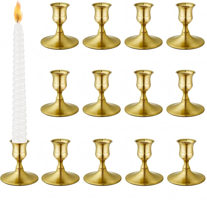 Vintage Brass Gold Taper Candle Holders, Set of 12, Metal Taper Candlestick Holder for Dinner Room Table Centerpiece, Wedding Reception, Festive,Mantel Decoration, Home Decor (Brass Gold, Set of 12)