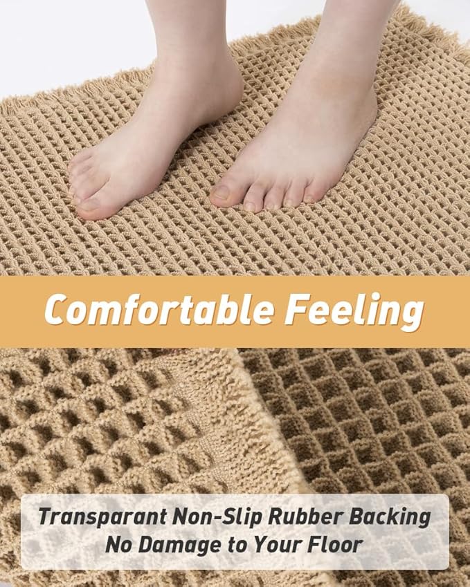 Upgraded Waffle Runner Rug, Super Absorbent Non Slip Bath Mats for Bathroom Floor, Machine Washable Bathroom Runner Rug with Tassels, Ideal for Hallway Bedroom Laundry Room, Brown, 2'x 6'(24" x 72")