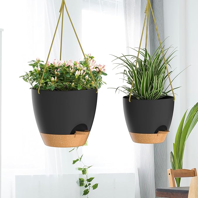 ZMTECH 10 Inch Hanging Planters for Indoor Outdoor Plants, 2 Pack Self Watering Hanging Plant Pots with Drainage Holes and Removable Saucer, Plastic Flower Hanging Pots with Watering Lip (Black)