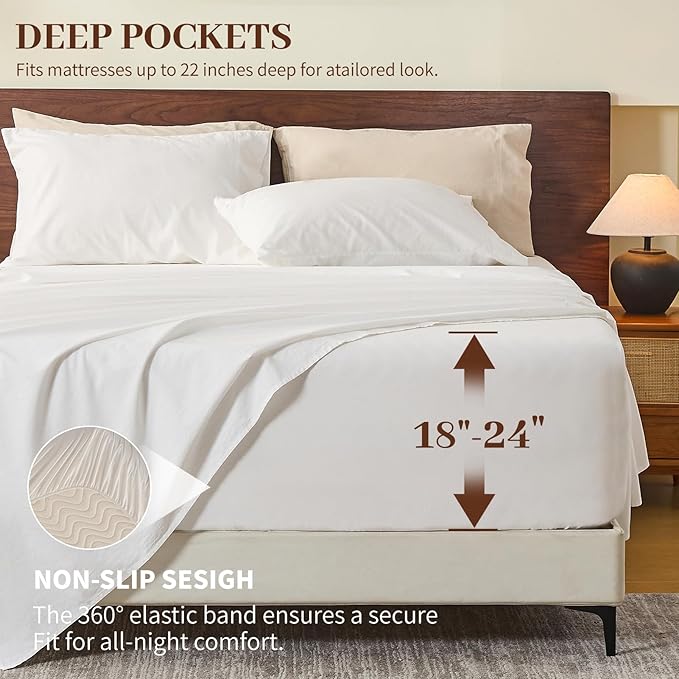 MEISHANG 100% French Pure Linen Sheets Queen Size - Extra Deep Pocket Sheet Set, Soft Durable Flax Linen, Anti-Tear Breathable & Oeko-Tex Certified 18-24 Deep Pocket,All Season(White)