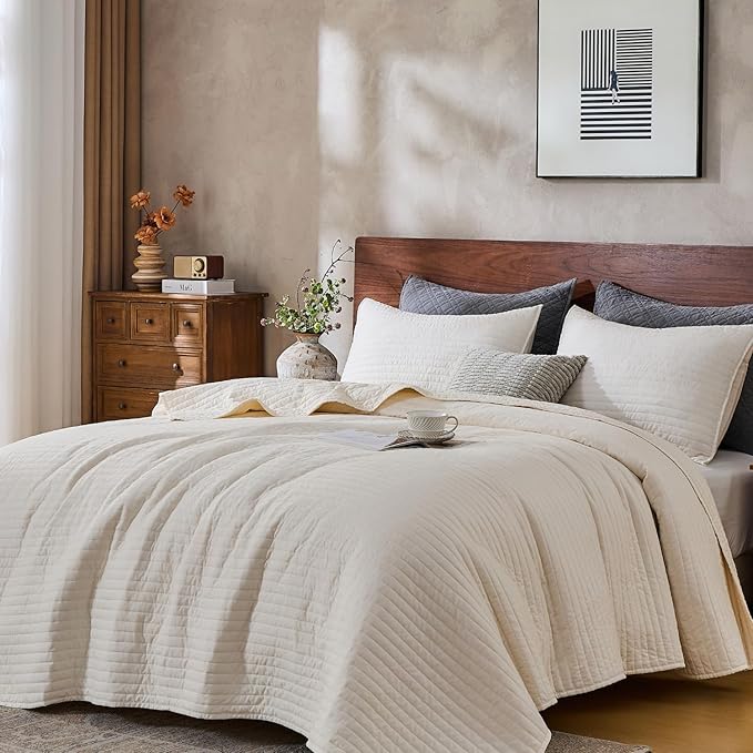 DOWN HOME Twin Quilt Bedding Set with Sham, Vintage Washed Soft Quilted Blanket Thin Comforter Lightweight Bedspread Coverlet Bed Cover, Brushed Microfiber Stripe Stitching, Linen White, 66"x92"