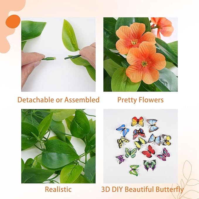 BLEUM CADE Artificial Hanging Flowers for Outdoors, 2pcs Fake Hanging Plants Pothos Vines with Orange Flowers for Wall Home Living Room Indoor Outdoor Fall Decor (No Baskets)