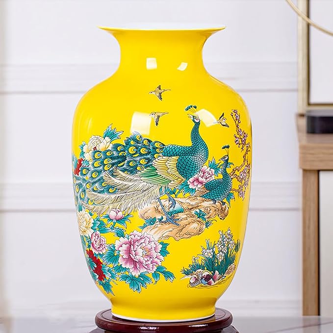 MTME Porcelain Figurines, Jingdezhen Peacock Decorative Flower vase, Home Decor, Wedding Gifts, Aesthetic Sculpture Home décor (Yellow)