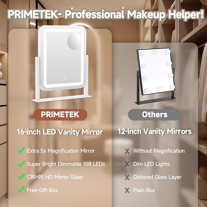 PRIMETEK Vanity Mirror with Lights, 16"x14" Large LED Lighted Makeup Mirror, Hollywood Makeup Mirror, Touch Screen, 3-Color Lighting, 5X Magnification, for Vanity Desk Tabletop, Bedroom, White