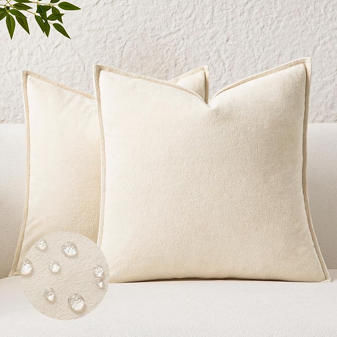 Kevin Textile Waterproof Decorative Pillow Covers Cream White 18x18 Inch Pack of 2 Soft Boucle Textured Throw Pillowcases Elegant Accent Pillows for Couch Sofa Chair Bed Home Decor Indoor Outdoor