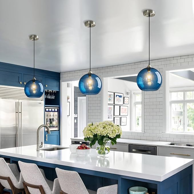 Blue Glass Pendant Lights Kitchen Island Lighting Globe Pendant Light Fixtures Modern Pendant Lighting for Kitchen Island Bedroom Living Dining Room Light Fixture(9.84in, 2-Pack)