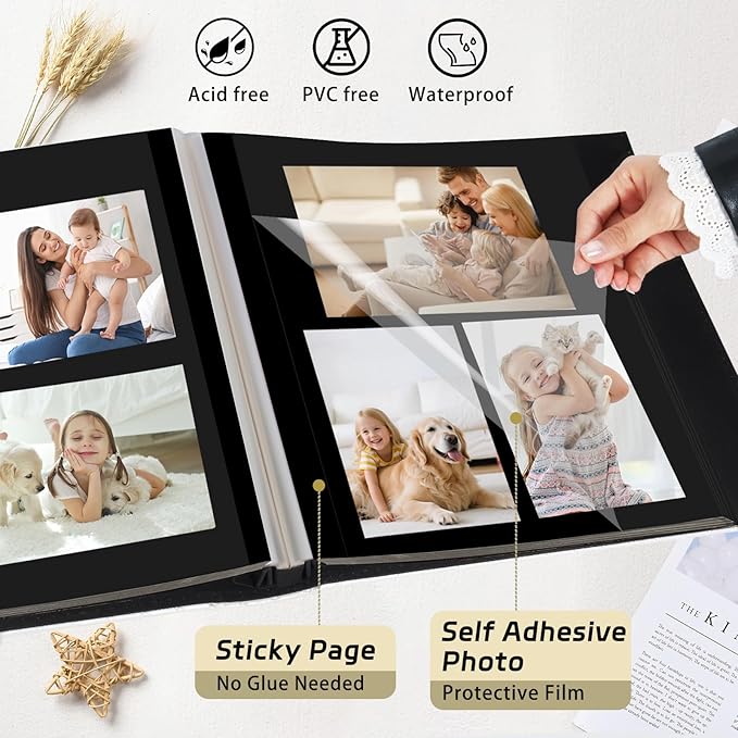 RECUTMS Photo Album Self Adhesive Photo 4x6 5x7 8x10 Sizes Handmade Scrapbook Photo Album 30 Pages Button Grain Leather Picture Album Baby Family Wedding Anniversary Photos Book (Brown)