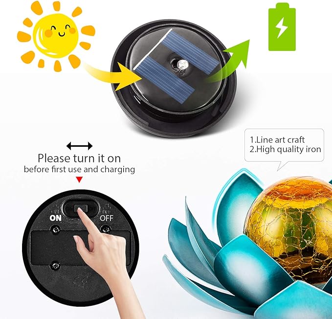 Huaxu Solar Light Outdoor Garden Decor Blue Metal Crackle Globe Glass Waterproof LED Lotus Flower Table Lamp Decorations for Patio Yard Porch Pathway Ground