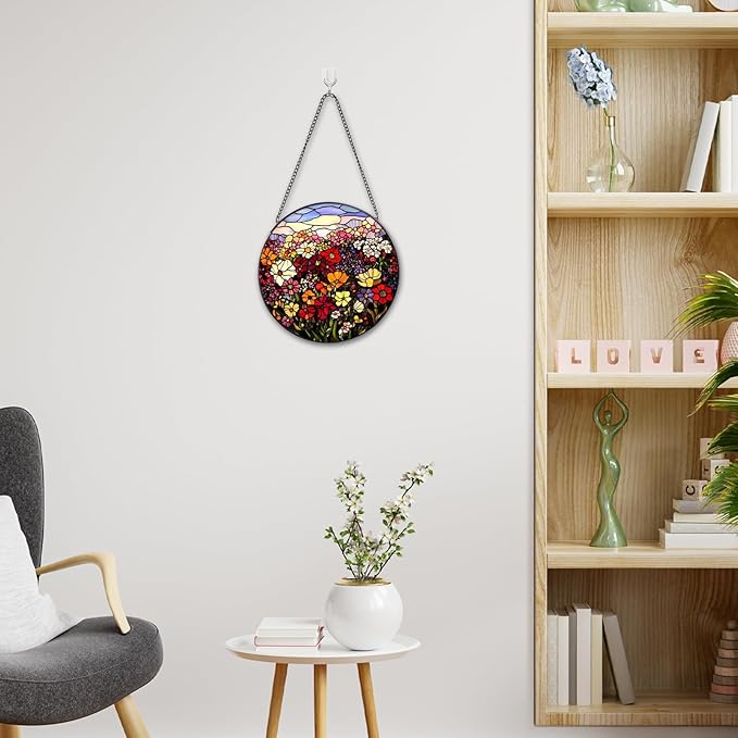 Flowerbed Stained Glass Window Hanging, 7.8" Round Sun Catcher Hand Painted Wall Art Decor with Chain, Unique Housewarming Gifts for Couples, Home