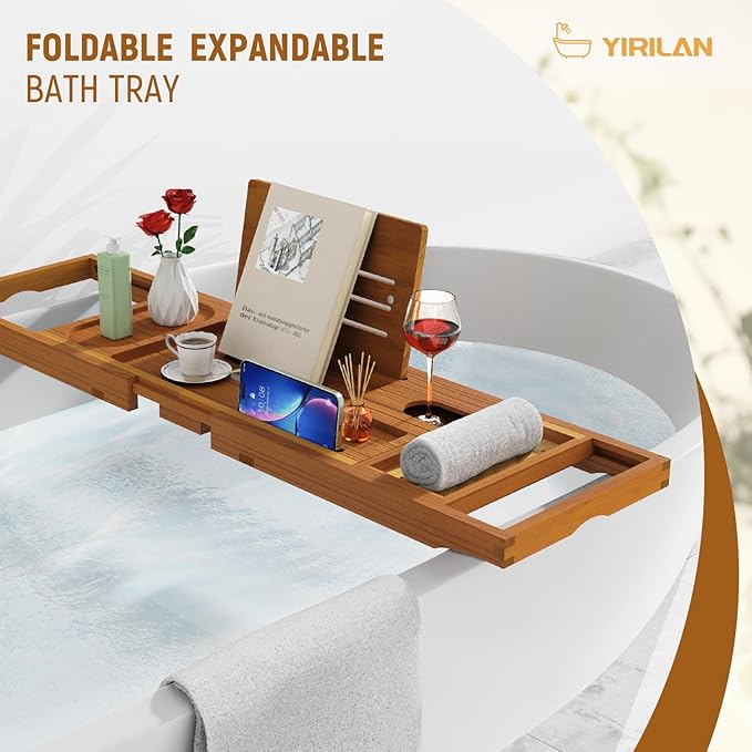 Yirilan Teak Bathtub Tray for Tub, Bath Table Tray for Tub Wood, Bathtub Caddy, Luxury Gift for House Warming, Wedding, Bridal Shower, Anniversary