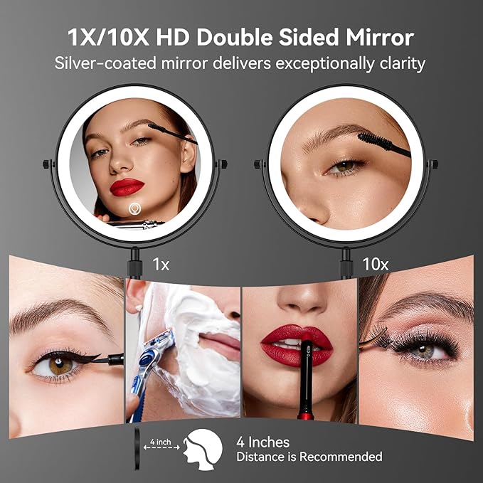 Nicesail LED Lighted Makeup Mirror Tabletop, 10X Magnifying Mirror with 3 Color Lights, Brightness Adjustable Height Adjustable, 15''~19'' Double Sided Touch Switch Desk Mirror, Black(8 Inch, 10X)