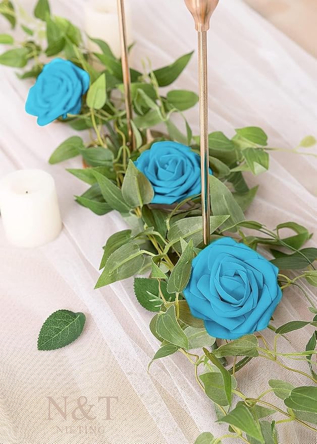 N&T NIETING Artificial Flowers 50pcs Real Looking Blue Foam Fake Roses with Stems for DIY Wedding Bouquets White Bridal Shower Centerpieces Arrangements Party Tables Decorations