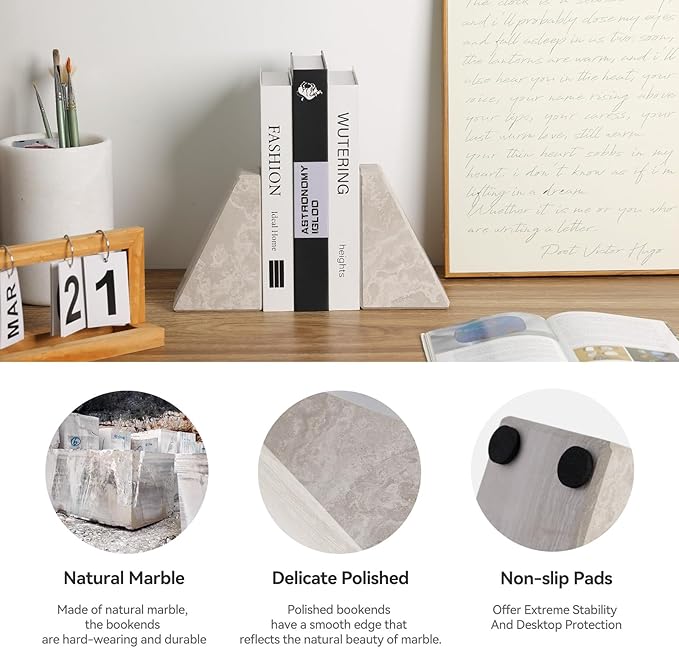 Marble Bookends for Heavy Books, Decorative Book Ends for Shelves, Durable and Heavy-Duty Bookends for Hardback Book & CDS, Off-White Unique Books Stopper & Holder, Set of 2
