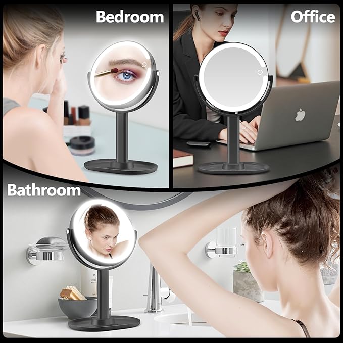 MIYADIVA Makeup Mirror with Lights,20X Magnifying Mirror with Light and Touch Switch,Vanity Mirror with 3 Color Light and 80 LEDs,2-Sided Lighted Magnified Mirrors 8.8 Inches, Black