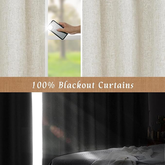 LAMIT Short Linen Blackout Curtains 48 Inch Length 2 Panels, 100% Blackout Linen Textured Thermal Curtains Back Tab and Rod Pocket Bedroom Panels with White Liner for Bathroom, 34 x 48 Inch, Stone